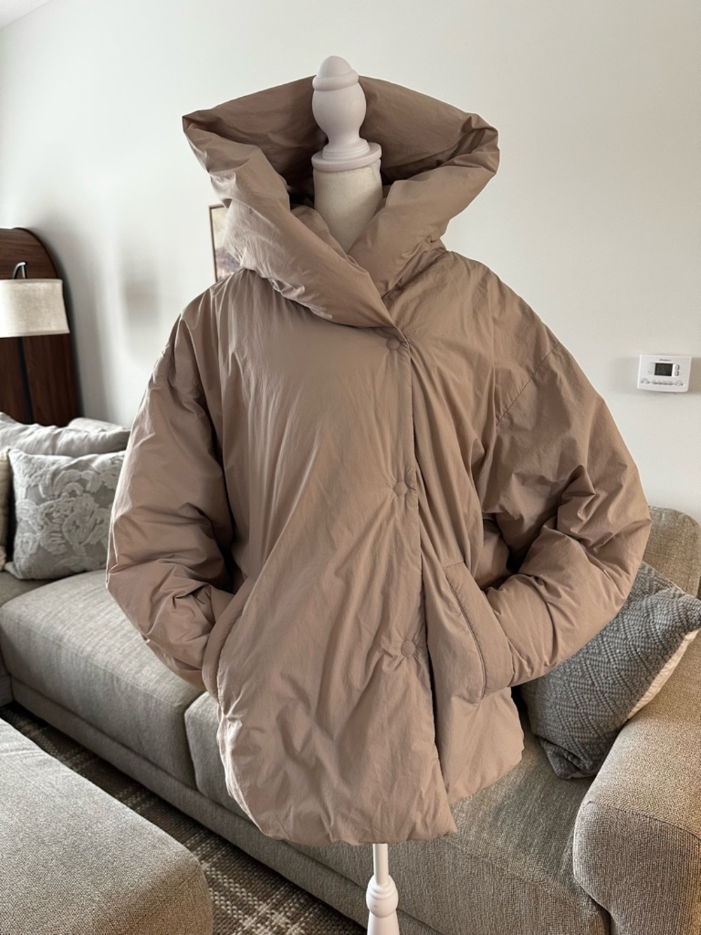 Free People Taupe Oversized Puffer Coat with High Collar